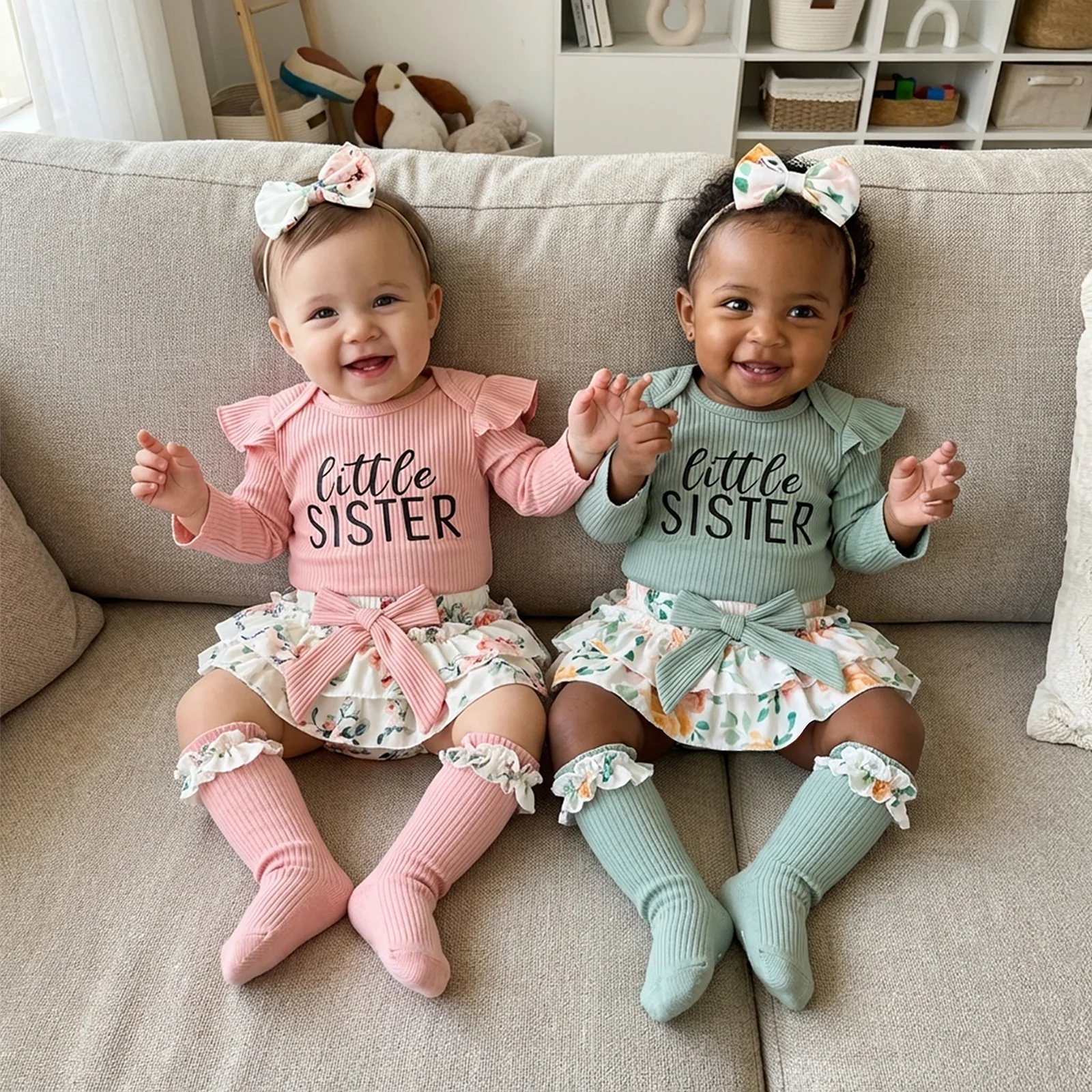 Baby Girl Spring Outfit Letter Print Ruffled Long Sleeve Ribbed Romper Bow Layered Ruffled Skirt Headband and Stockings 4Pcs Set