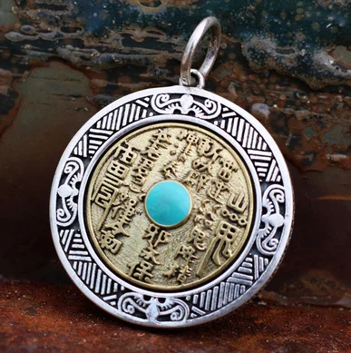 Sterling Silver Pendant Wheel Can Turn the Heavenly Stems and Earthly Branches Eight Trigrams Fu Pattern Retro Solid