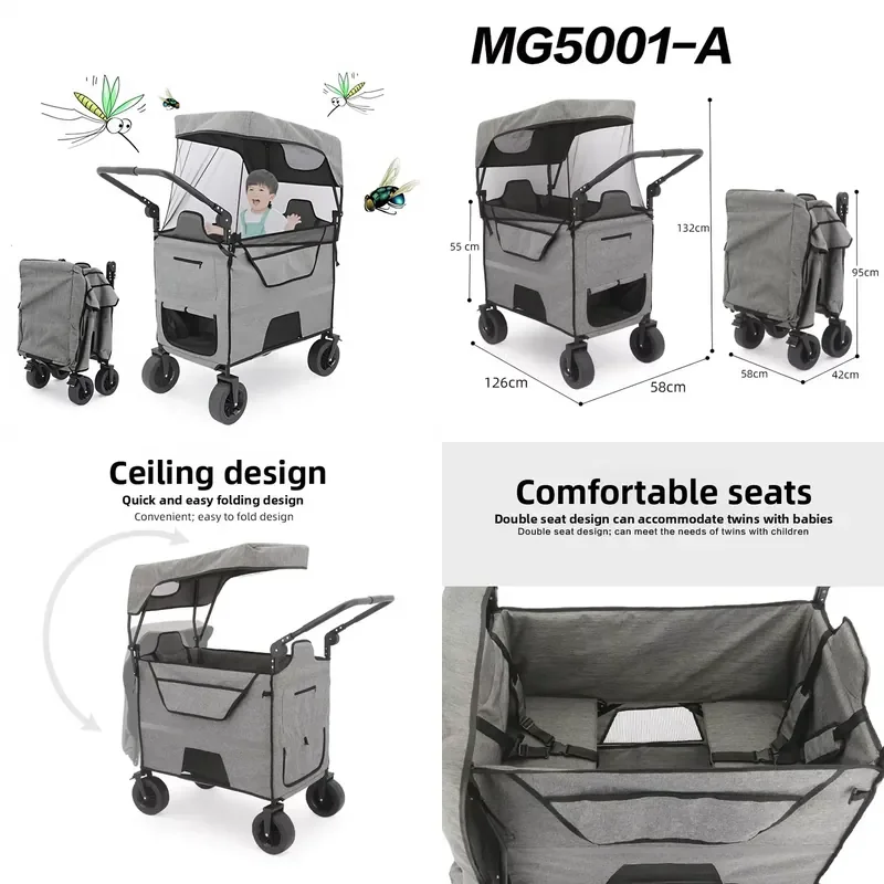 Outdoor Anti-mosquito Baby Camping Stroller Camp Foldable Double Four-wheel Iron Gray Sunscreen Trailer with Ceiling