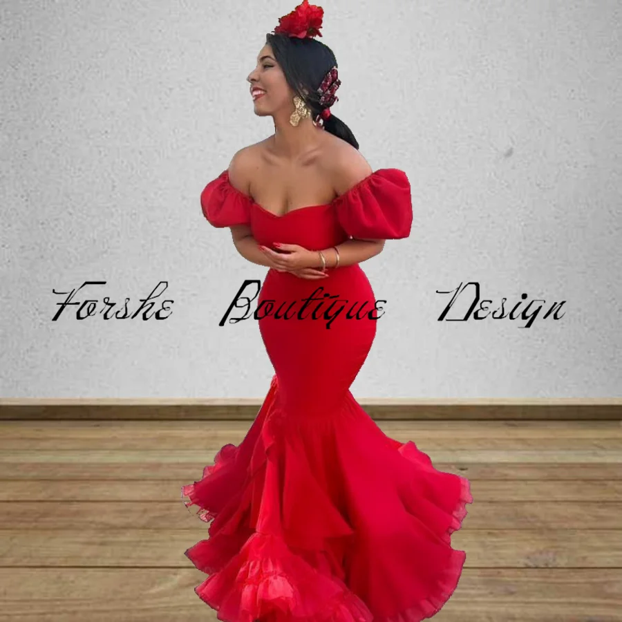 Flamenco Prom Dress 2024 Red Off Shoulder Mermaid Evening Gowns Ruffles Skirt Formal Dance Party Wear