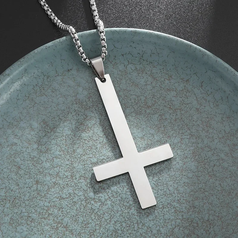 Christian Inverted Cross Stainless Steel Necklace Pendant Men Women Retro Evil Satanic Symbol Power Jewelry