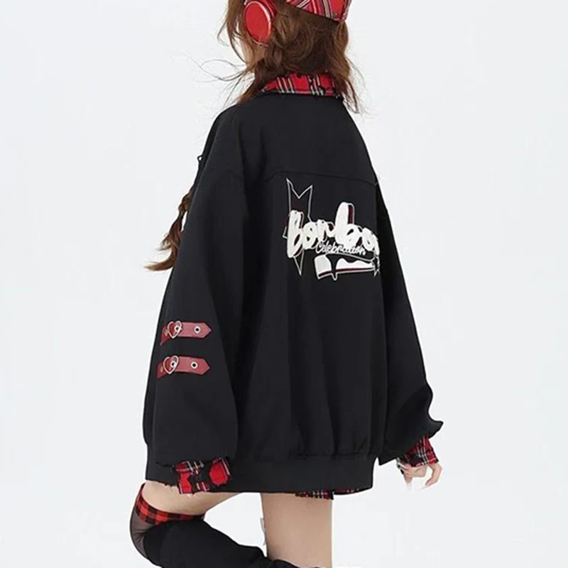 미국 서브컬쳐 패치워크 재킷 여성 싱글 브레스티드 체크 루즈 베이스볼 코트 고딕 캐주얼 스트리트 힙합 아우터웨어