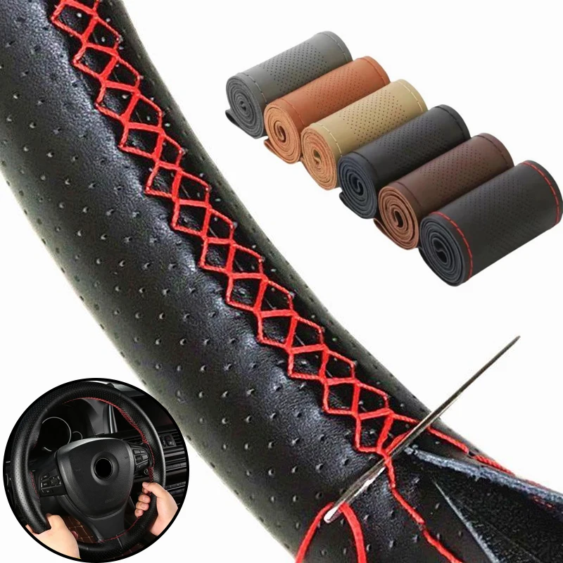 

Чехол для руля автомобиля, сшитый вручную, кожаный, дышащий, противоскользящий, универсальный, подходит для 38 см, с эластичной лентой, текстурный декор