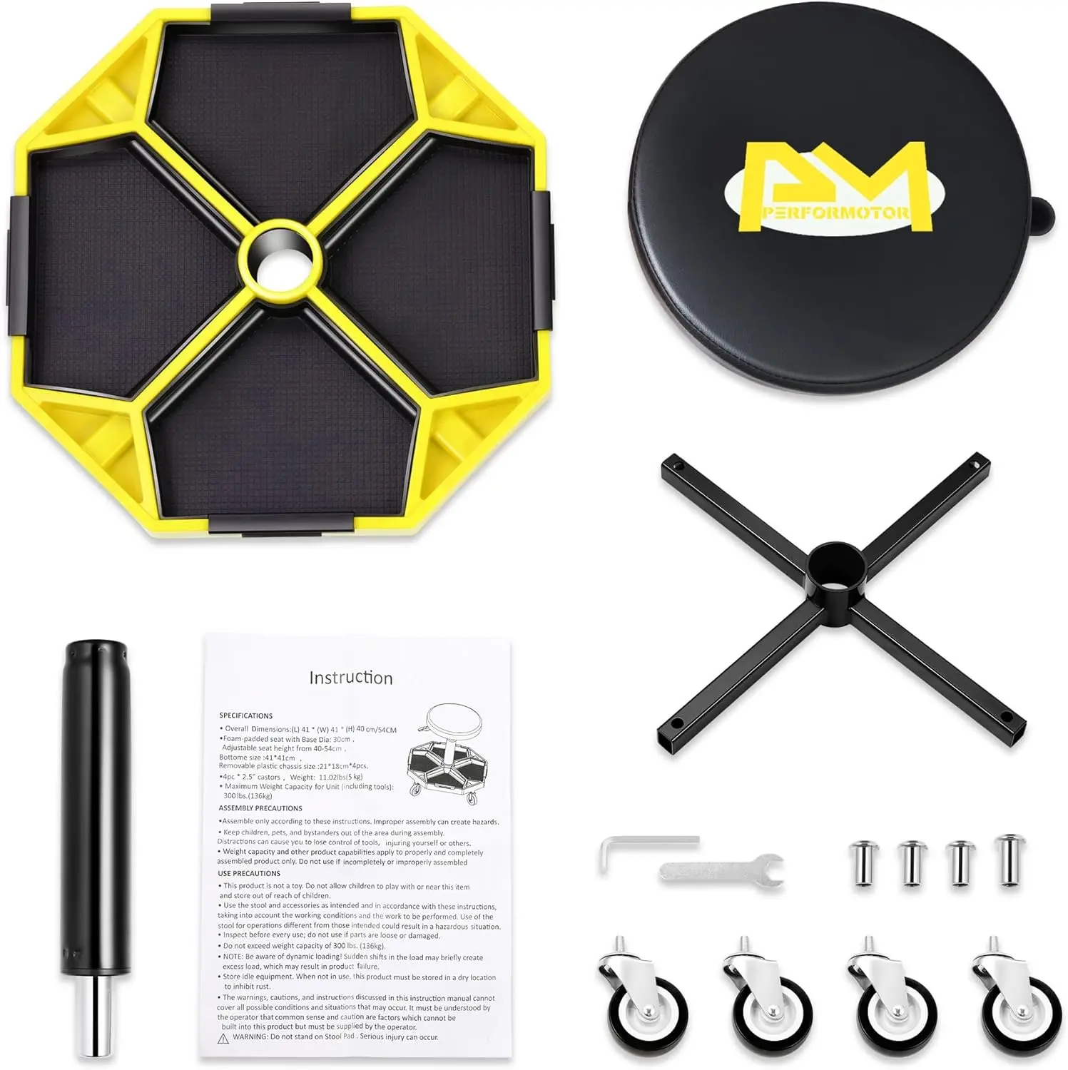 

Adjustable Height Pneumatic Garage Seat Rolling Mechanic Stool with Tool Tray Storage,300lbs Max Weight Capacity, Yellow