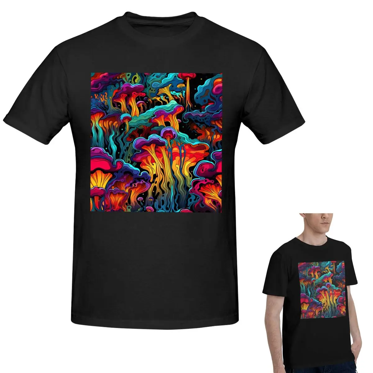 

100% Cotton Acid Trippy Weird Psychedelic Wavy Mushroom T-Shirt Men's Funny Oversized T Shirt Men Round Neck Summer Shirts Tops