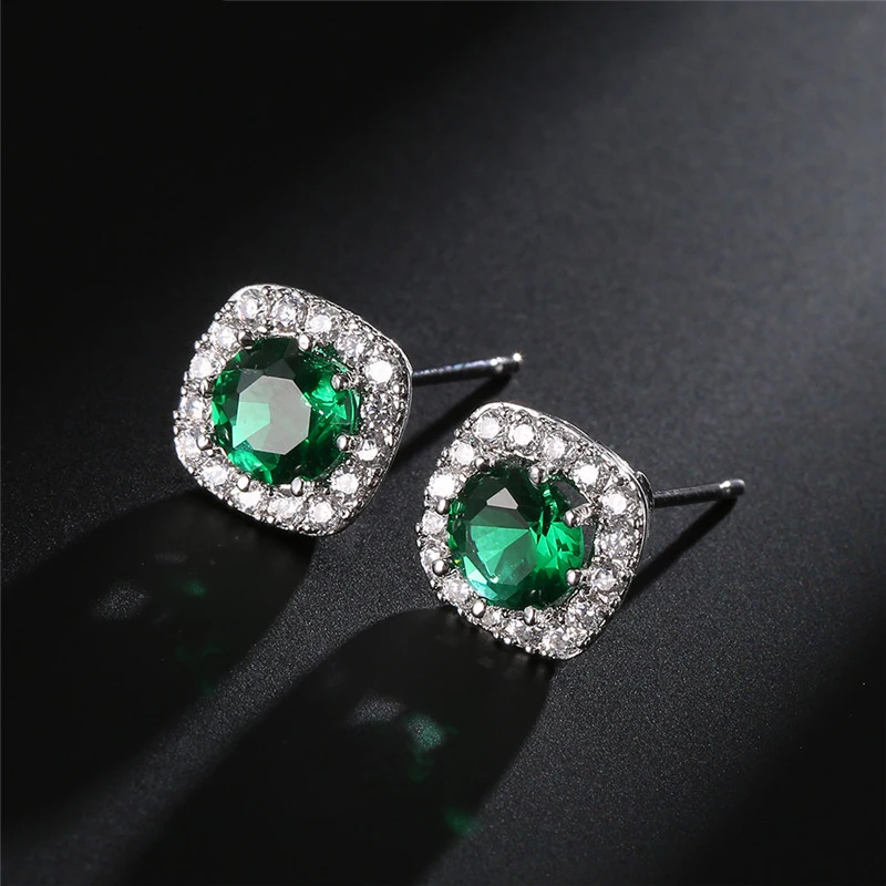Vintage Emerald Color CZ Stud Earring Pack Multi Cut Square Green Zircon Earrings Set Bridal Daily Jewelry for Ladies