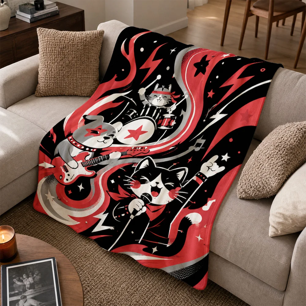 Retro Cat Band Rock Concert Sofa Throw Blanket Couch Decor Aesthetic Vintage Music Lover Pop Culture Gift for Animals Home Accen