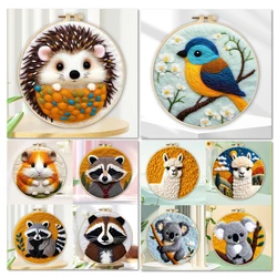 GATYZTORY Funny Animal DIY Wool Needle Felt Koala Raccoon Alpaca DIY Wool Embroidery Kit 20x20cm Frame Needle Felt Picture Kit H