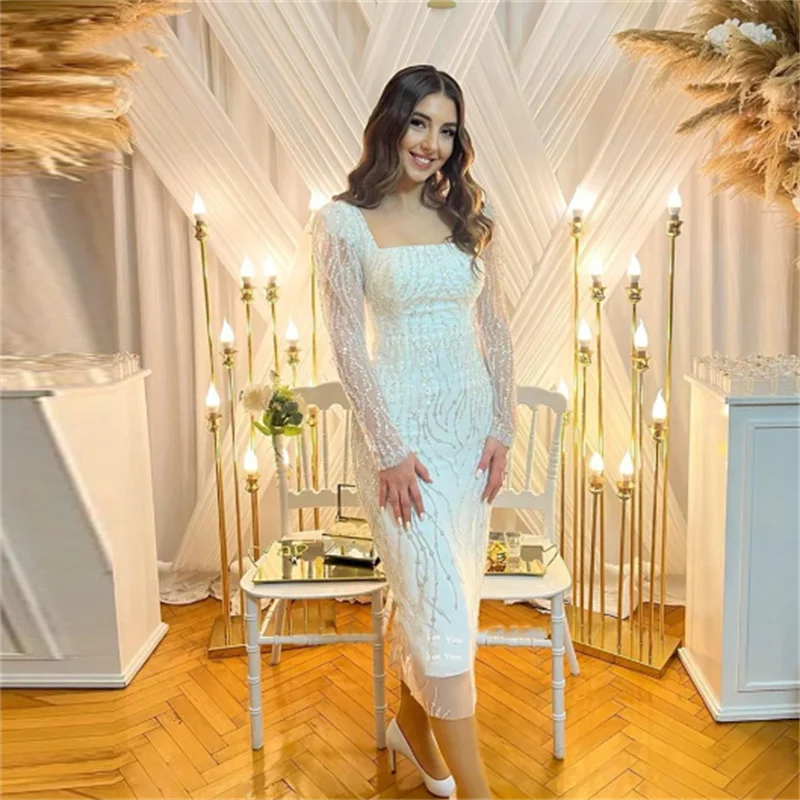 Elegant Sequin Lace Sheath Evening Party Dresses Dubai Arabic Long Sleeves Square Neck Tea Length Women Formal Prom Gowns