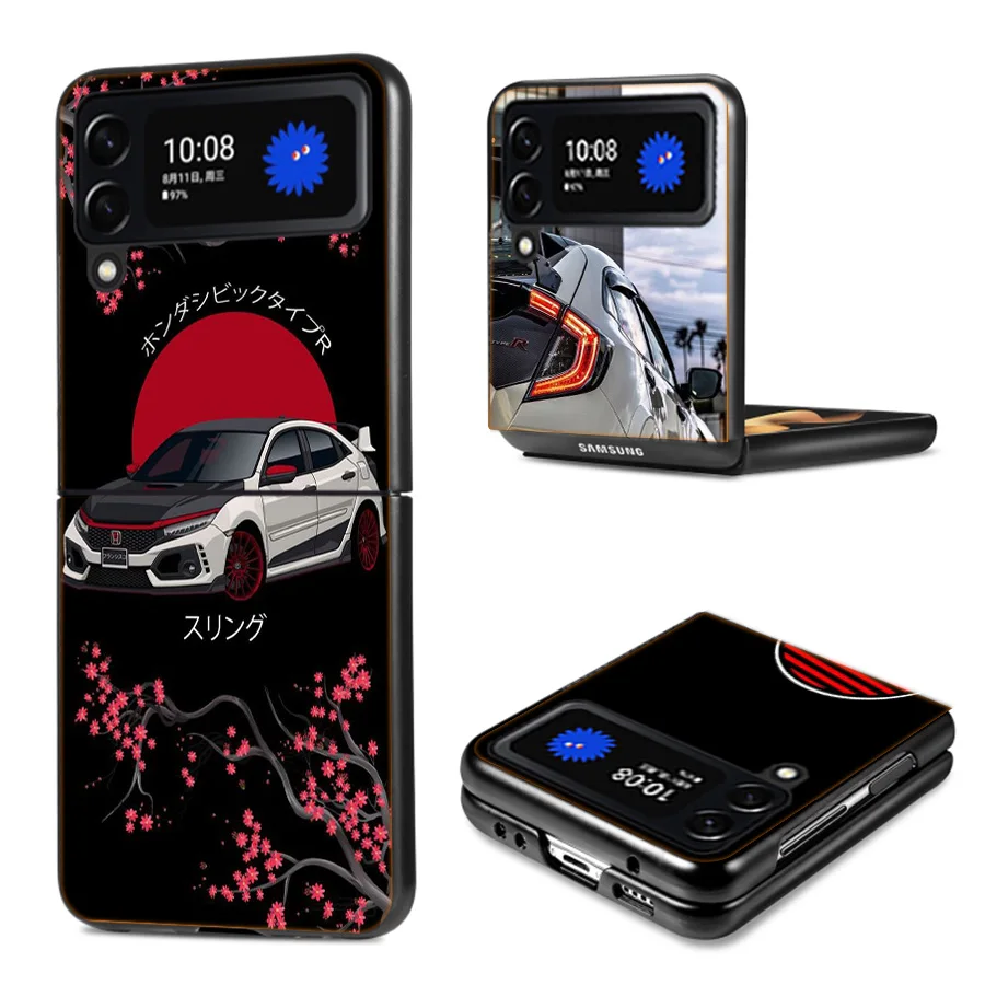 JDM Type R Civic Sport Car Coque Case For Samsung Galaxy Z Flip 6 5G Flip4 Flip5 Zflip3 Black Hard PC Phone Shell Protective