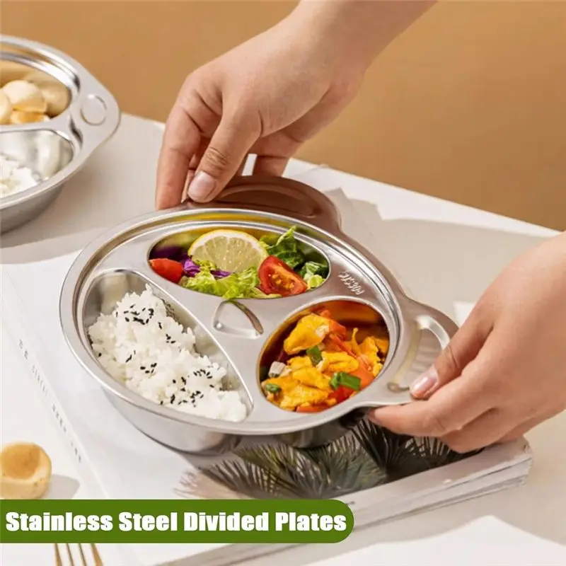 B62B Stainless Steel Divided Plates for Kids Adults Picky Eaters 3 Section for Panda Shape Portion Control Plates