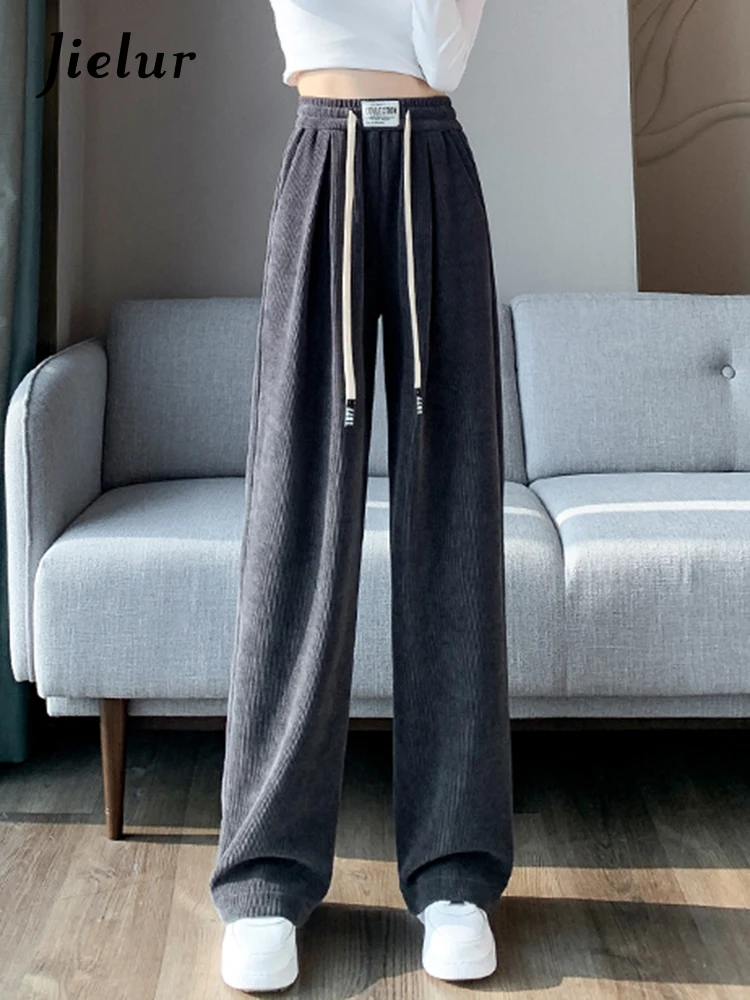 Jielur Grey Loose Winter Simple Wide Leg Pants Basic Office Ladies High Wiast New Straight Solid Color Chic Women's Trousers