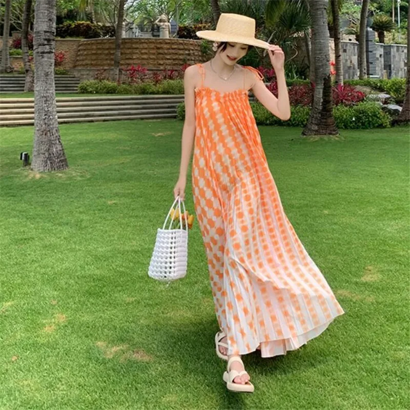 

Summer Holiday Beach Orange Print Strap Dress Bohemian Fashion Pleated Loose Suspender Dress Seaside Sleeveless Long Slip Dress