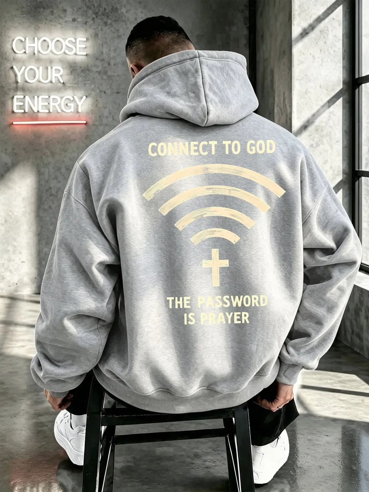 Men Y2K Faith Humor Graphic Hoodie Creative Wifi Cross Theme Urban Hip Hop Streetwear Loose Autumn Winter Fleece Lined Pullover