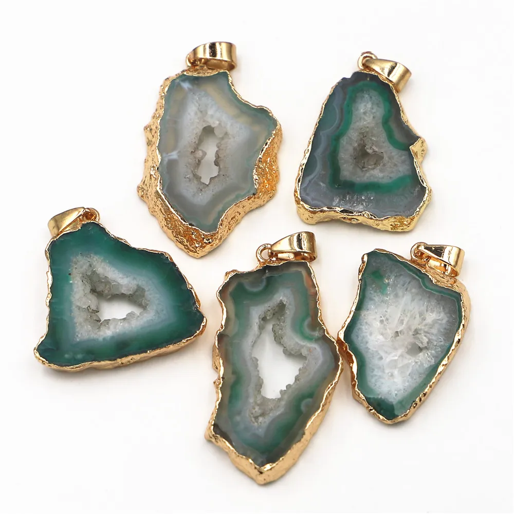 Natural Stone Brazilian Electroplated Edged Slice Open Green Agates Geode Pendants Drusy Druzys for Necklace Jewelry Making 5PCS