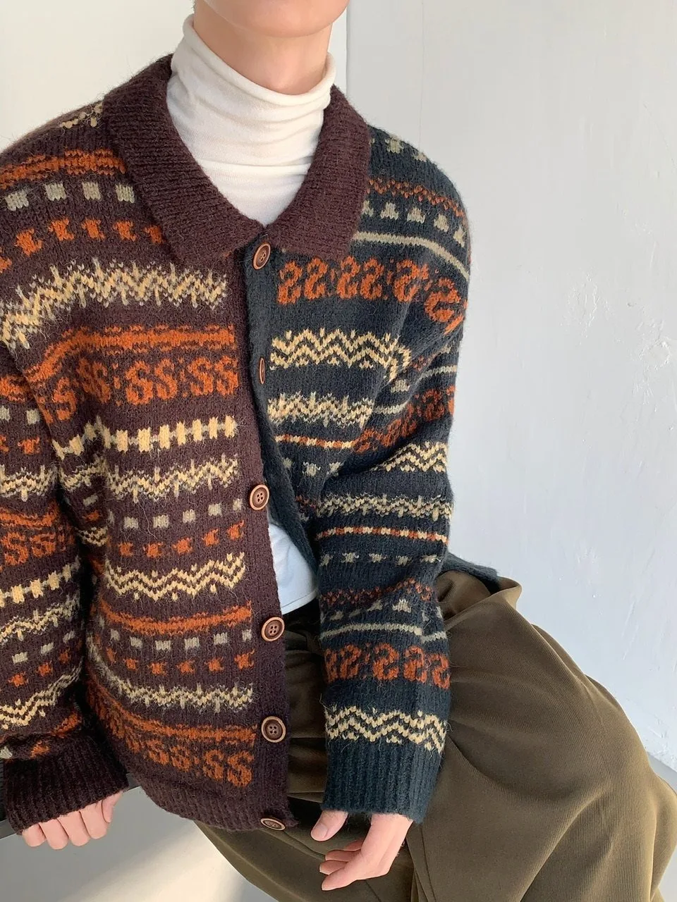 

Осенне-зимний утепленный вязаный кардиган в стиле ретро с узором Fair Isle и цветными вставками, мужской свитер-пальто для пар, повседневный свободный крой