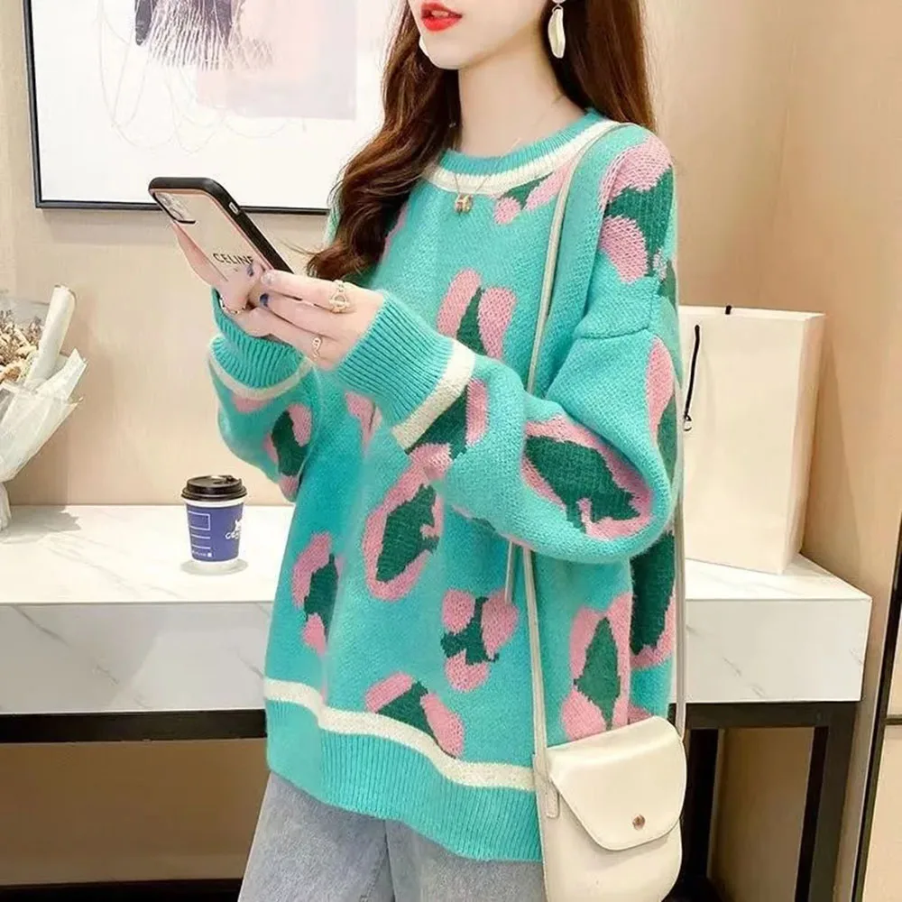 Winter O-Neck Women's Sweater Casual Letter Print Khaki Pink Oversize Pullover Classic Knitted Jumper For Women Vintage Knitwear