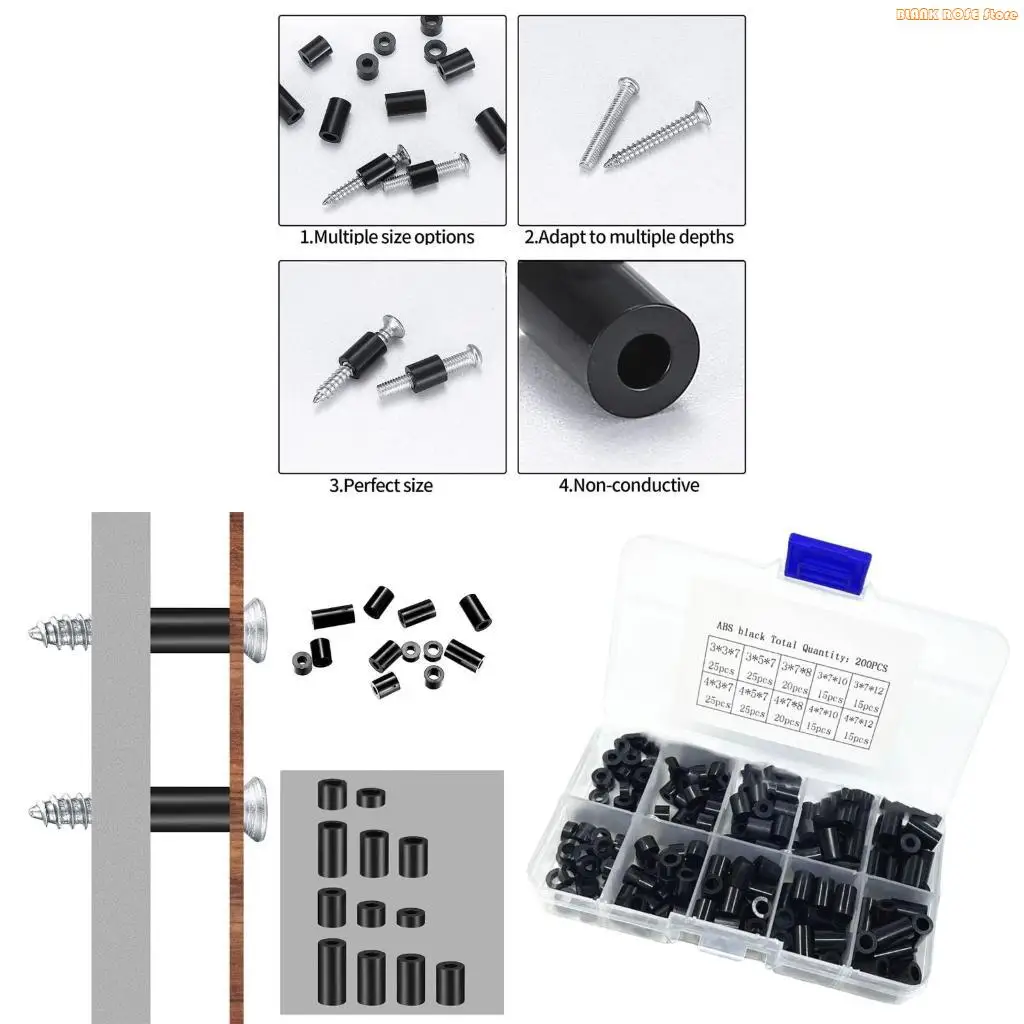 K1AE 200Pcs Black Nylon Standoff Spacer Set, Insulation Column Standoff Spacer Durability Spacers For Electronics DIY Project