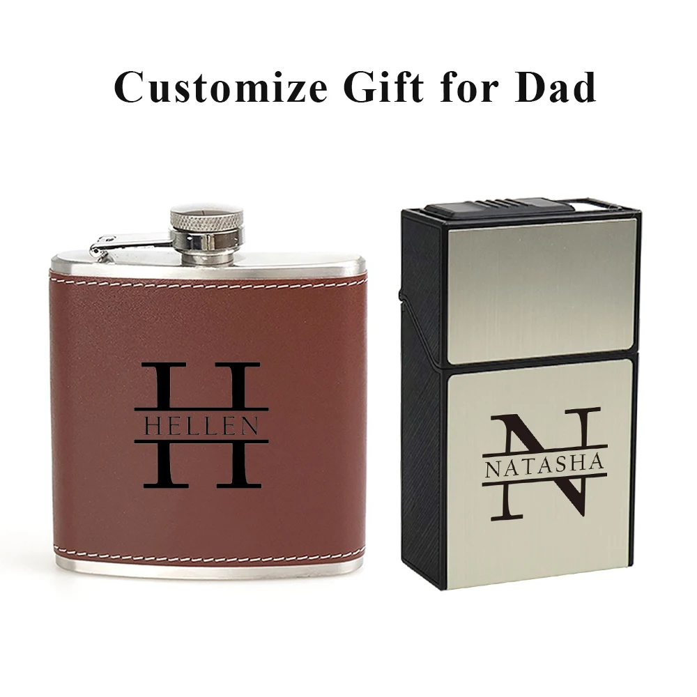 Free Customize Name Waterproof Cigarette Case with Tobacco Lighters for Smokers 6oz Portable Whiskey Flasks for Father Gift