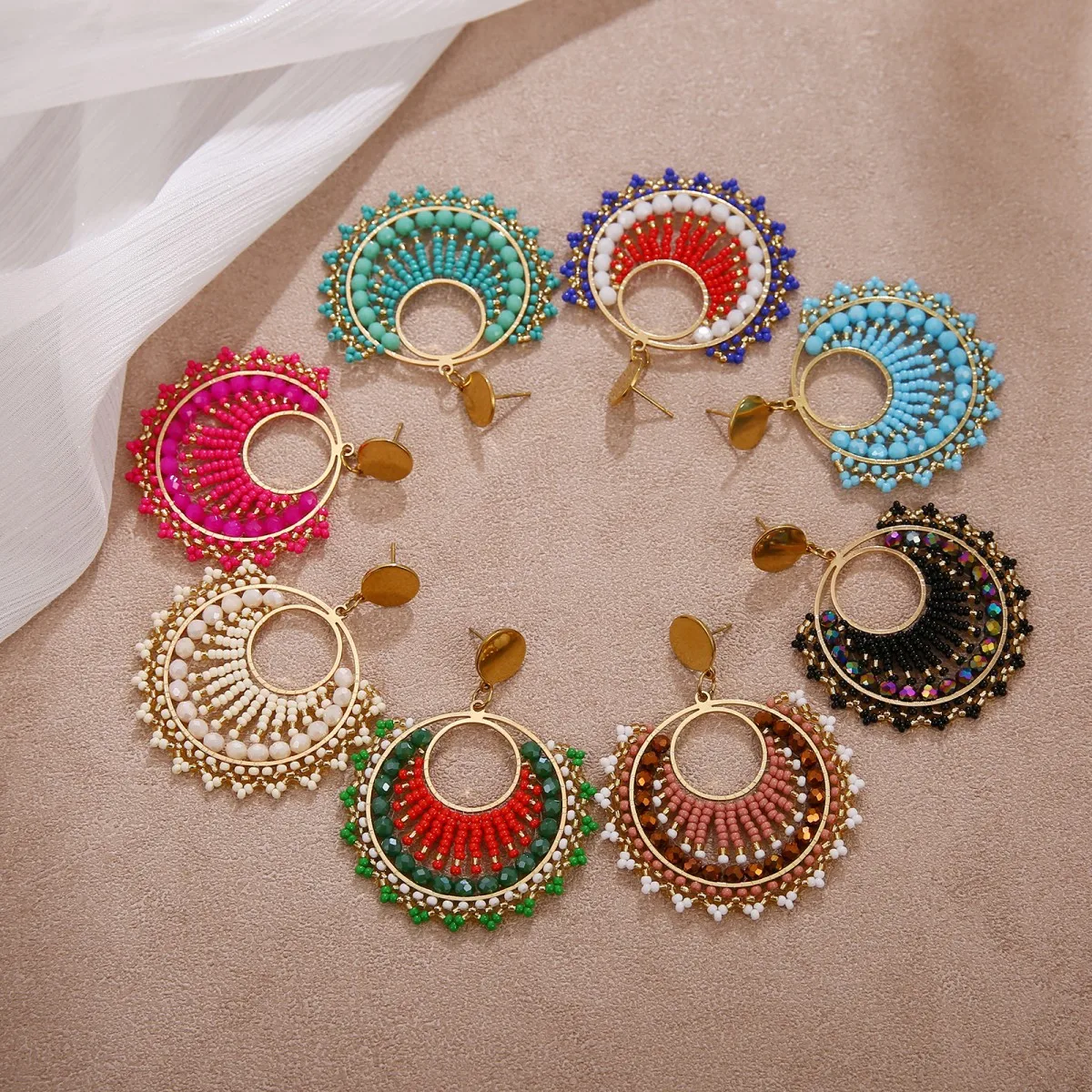 

Серьги ZGMXR с бусинами-рисинками, с кисточками, круглые, двухслойные, с кристаллами, в богемном стиле, ручной работы, из сплава, женские, модные, с бисером