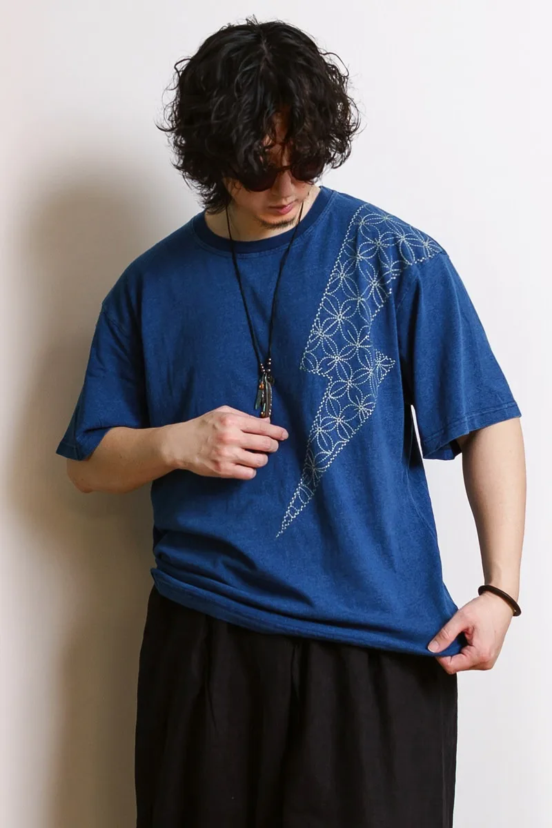 Japanese Printed Blue Dyed Distressed Short Sleeved Summer Pure Cotton Indigo Casual T-shirt for Men