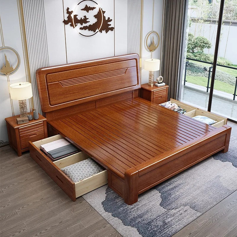 Camas de madera modernas para muebles de dormitorio, diseño minimalista, cama tamaño King de madera maciza de teca con cabecera de ratán, camas de madera maciza