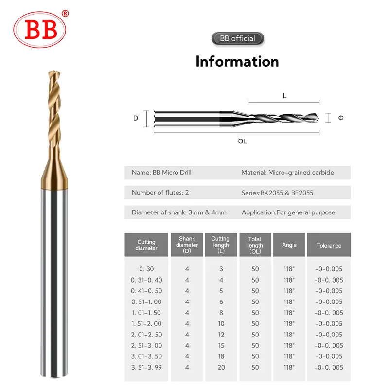 Mini taladro BB de 2,03-3,75mm, broca de carburo sólido recubierto, perforación de agujeros de Metal, hierro y acero, 3xD, longitud de corte D =
