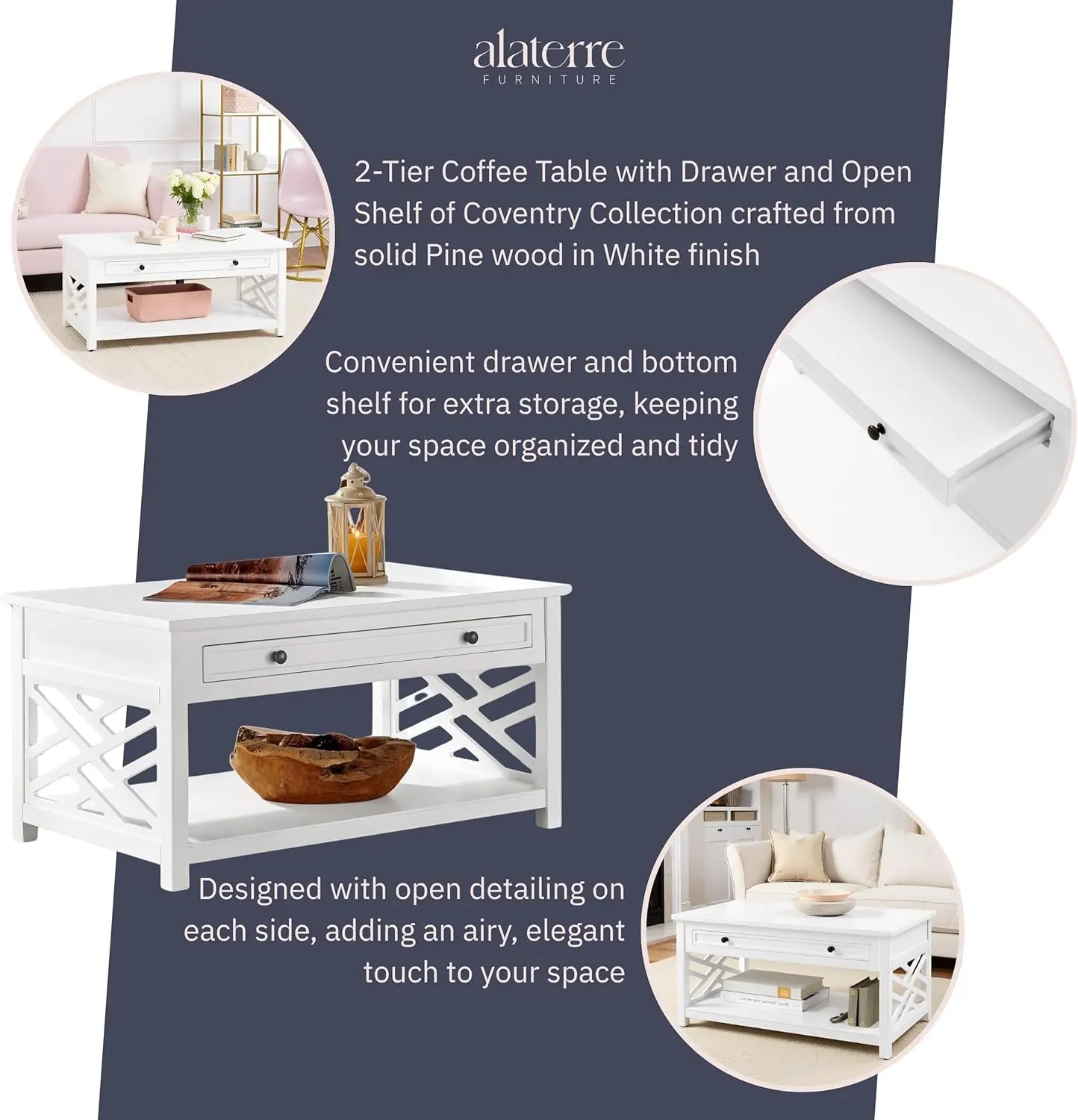 36" Modern White Wood Coffee Table - Coventry Accent Furniture with Drawer & Open Shelf, for Living Room Storage & Décor