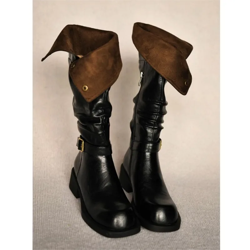 

2025 Retro Western Cowboy Women's Round Head Metal Buckle Thick Heel Knight Boots