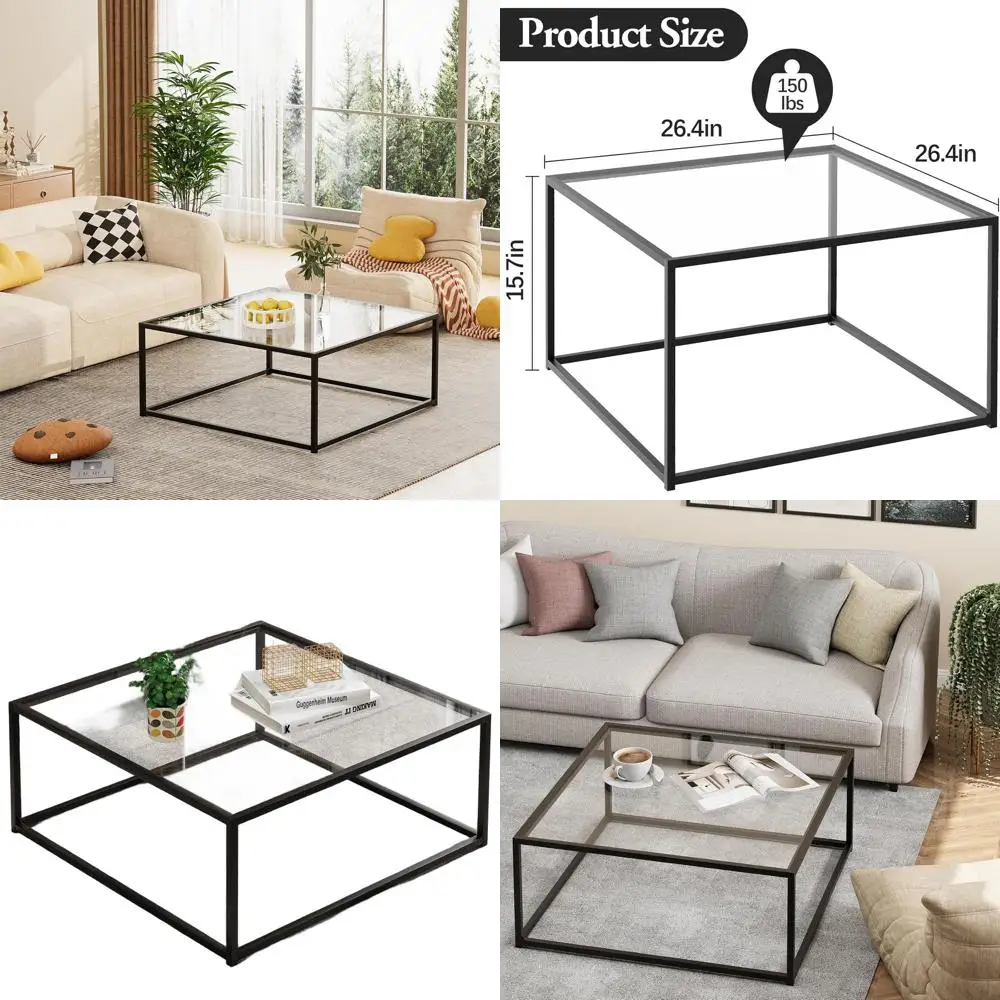 

Compact Modern Glass Coffee Table, Square Design for Small Living Rooms, Easy Assembly, 26 x 26 Black & Clear