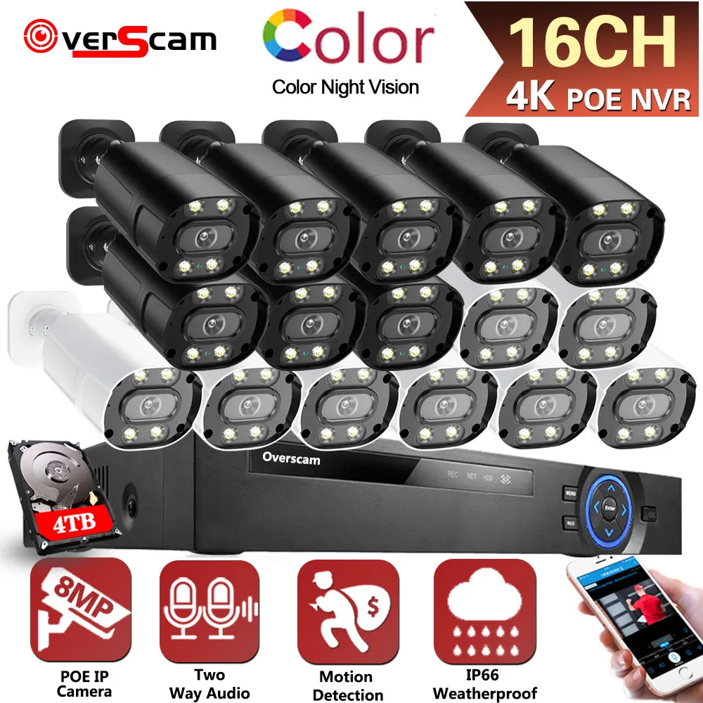 16CH 8MP 4K POE IP Camera System Kits CCTV Security Sony Sensor Indoor Outdoor 2-Way Audio IP Camera Surveillance Video