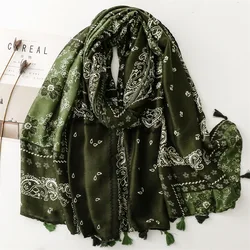 Vintage Army Green Paisley Print Long 88x180cm Scarf for Women Neck Warmer Thin Linen Viscose Muslim Hijab Outdoor Ethnic Shawl