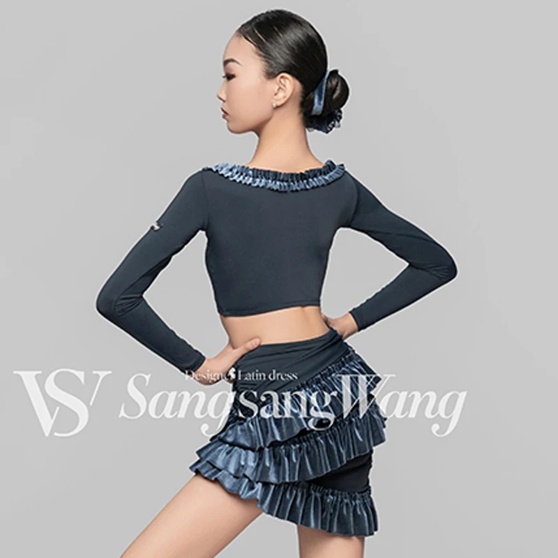 New Girls Latin Dance Costume Long Sleeves Tops Skirt Performance Clothes Kids Cha Cha Rumba Dance Practice Wear Dress DNV19102