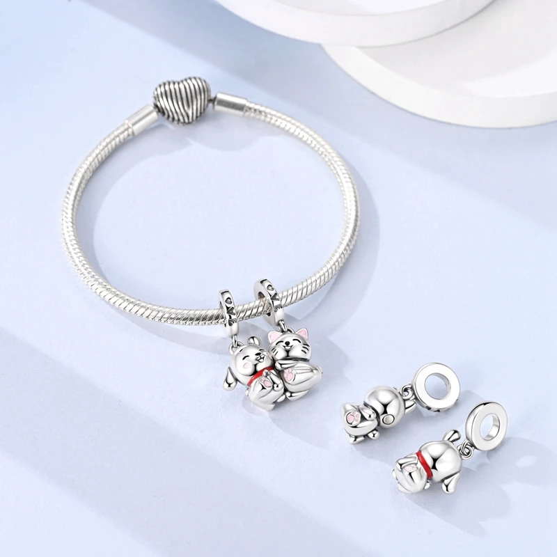 925 Sterling Silver Magnetic Cat Dog Hug Charms Pendant Fit 3mm Original Bracelet DIY Women Fashion Anniversary Jewelry Gifts