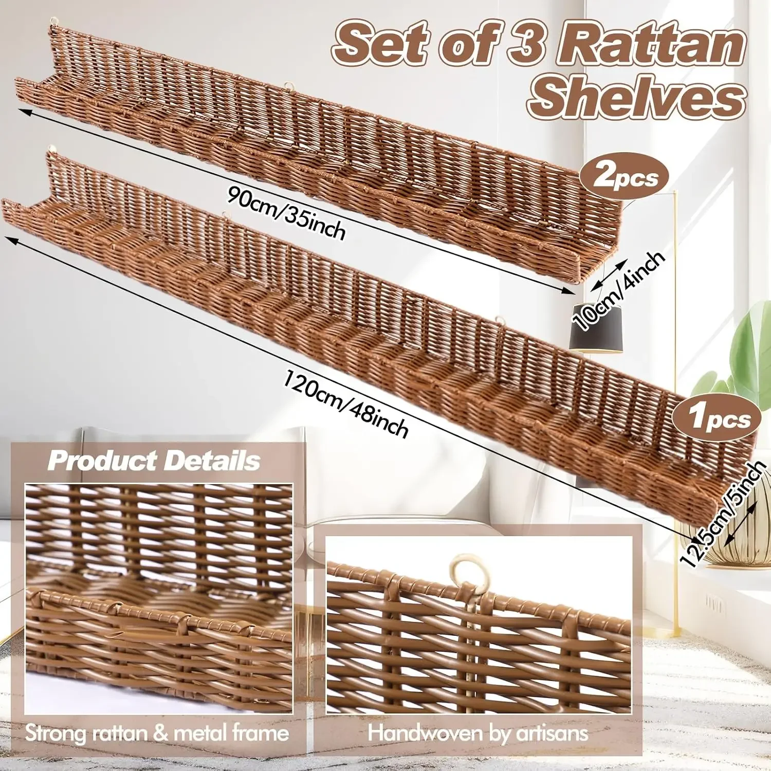 GlikCeil 3 Pcs Floating Shelves for Wall Long, 48 Inch & 35 Inch Rattan Wall Bookshelf for Bedroom Books, Boho Rustic Wicker Han