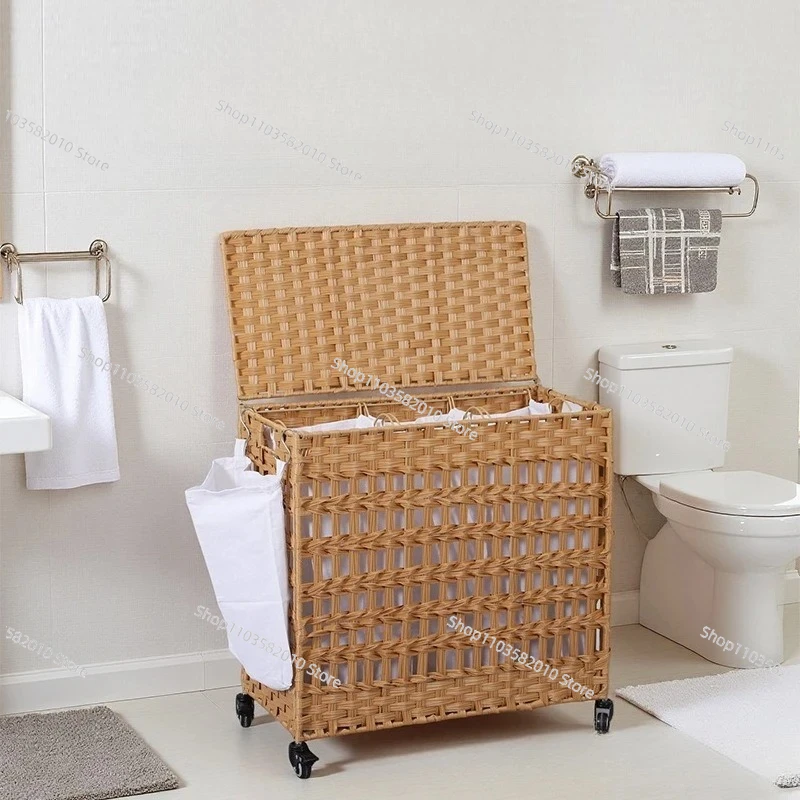 

Foldable Wicker Laundry Basket with Lid & Pulley, Hand Woven Rattan Dirty Clothes Storage Basket