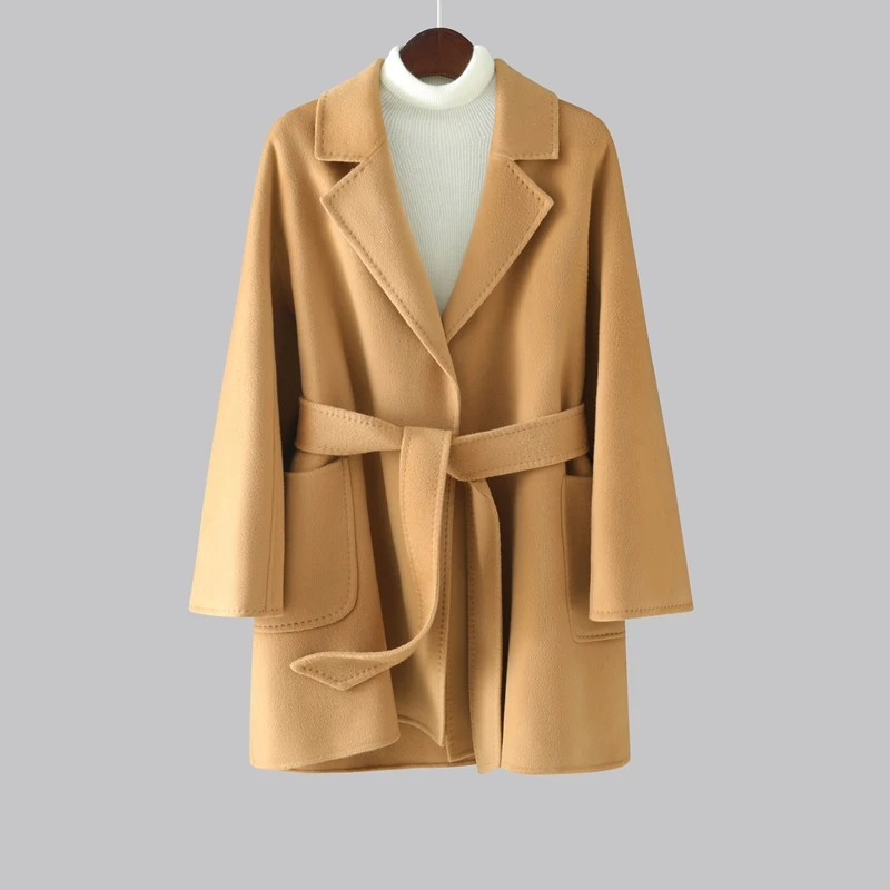 Women's 100% cashmere coat casual solid color lapel coat short double-sided woolen coat cardigan belt pocket