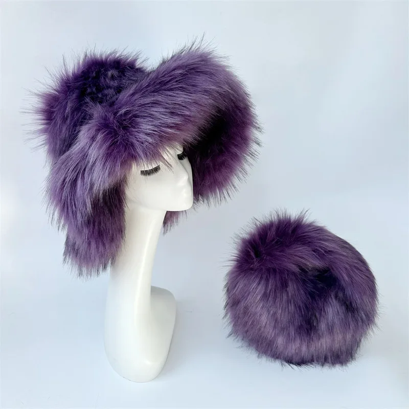 Flauschige übergroße y2k Eimer Hut große Krempe Hut Frauen Winter Wolle warme dicke Imitation Waschbär Hund Hut Eimer Hut Frauen – Detail 9