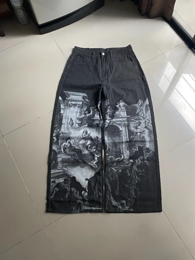 

New American Retro Harajuku Oil Painting Printed Black Jeans Women Gothic Punk Streetwear Casual High Waist Straight Pants Men