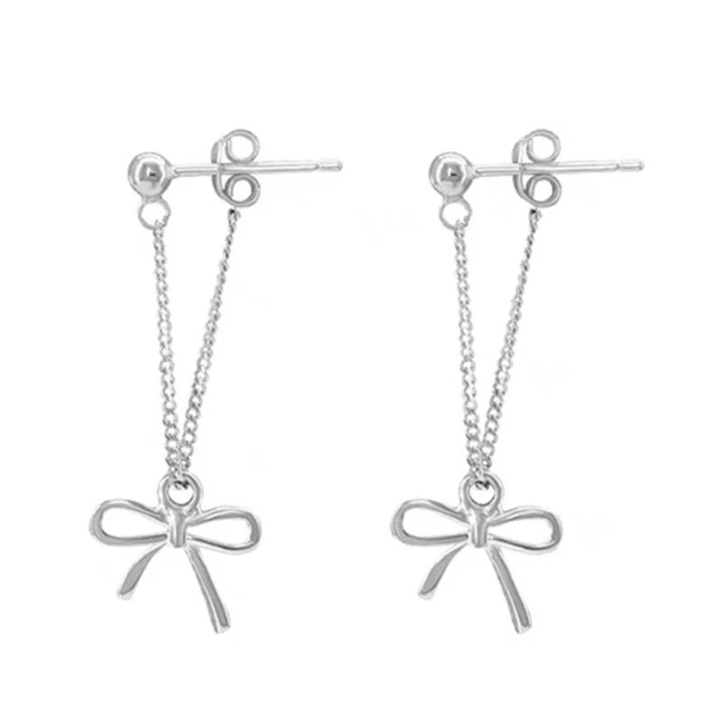 F42F Elegant Bowknot Studs Jewelry Delicate Bowknot Pendant Ear Studs Silver Plated Earrings Adornment for Ladies