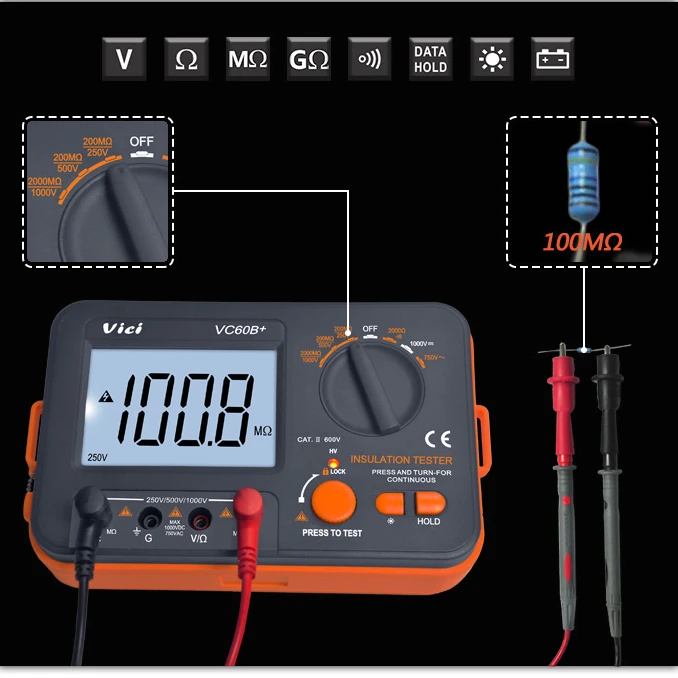 VC60B+ digital Insulation Resistance meter Tester Megohmmeter Ohmmeter Voltmeter DVM 1000V LCD Backlight