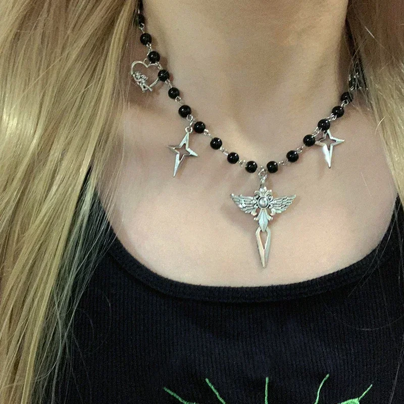 Punk Sard Cross Choker Cool Accessory Angel Heart Pendant Necklace Women Goth Jewelry Egirl Aesthetic Grunge Rock Korean Fashion