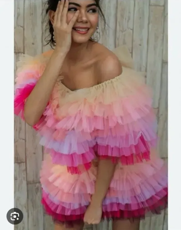 Candy Floss Dreams Tulle Cloud Dress To Party Pink Mini Prom Dress 2 Pieces Above Knee Layered Short Colorful Bow Prom Gowns