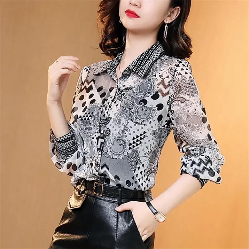 

Blouse Women Korean Fashion Straight Womens Tops Elegant Slim Printing Women's Clothing Laple Long Sleeved Top 2024 Spring Blous