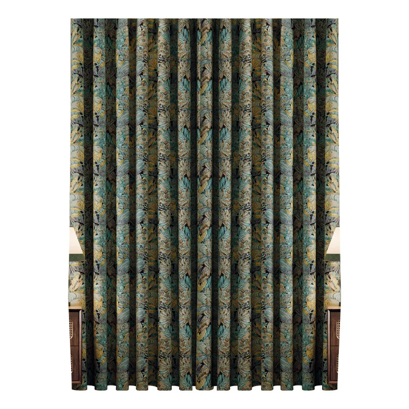 Cotton Linen Blackout Curtains Vintage Yarn Dyed Window Curtains for Living Room Bedroom Retro Gold Leaf Pattern Drapes