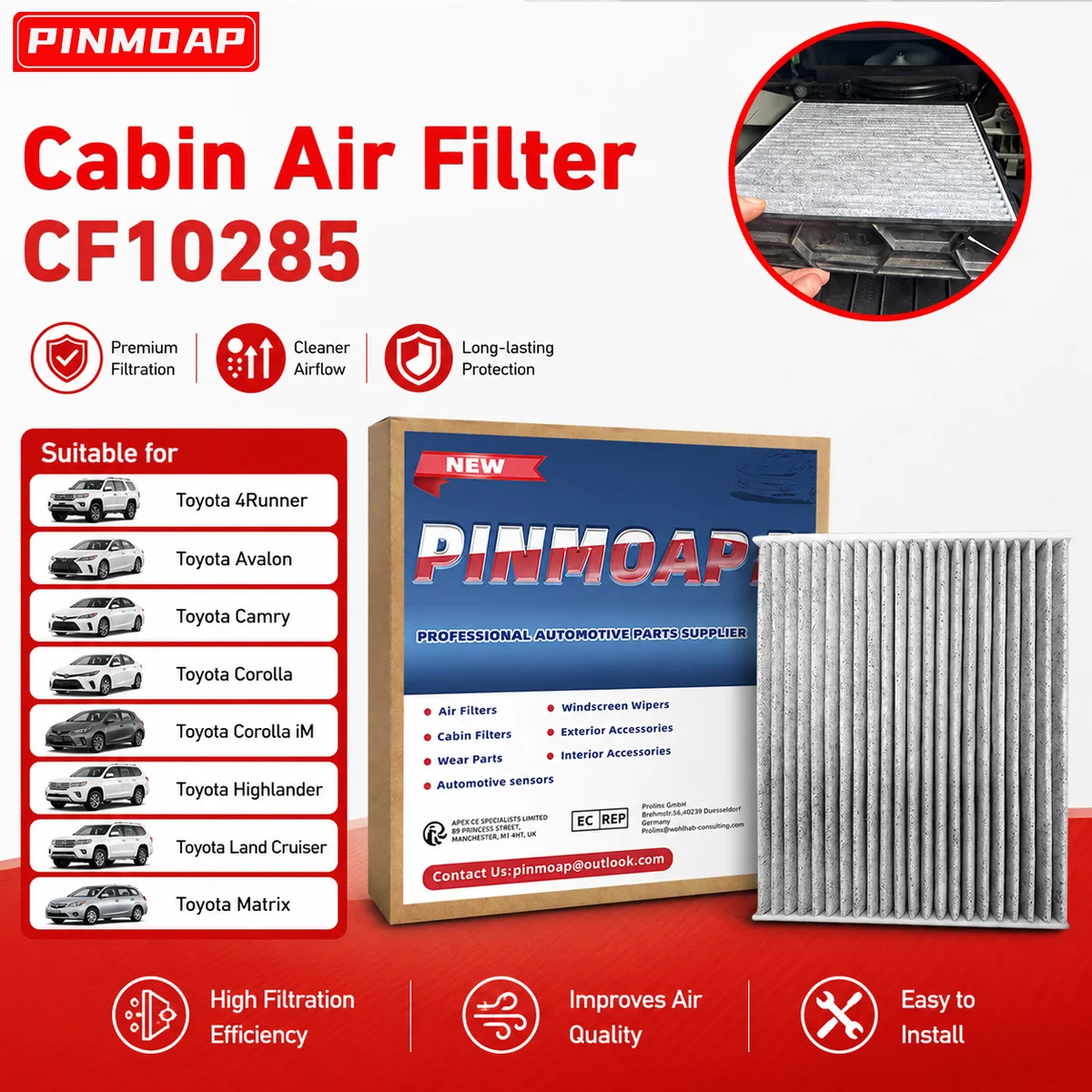 PINMOAP CF10285 Cabin Air Filter Is Suitable For Toyota 4Runner Avalon Camry Corolla Activated Carbon Air Conditioning Filter