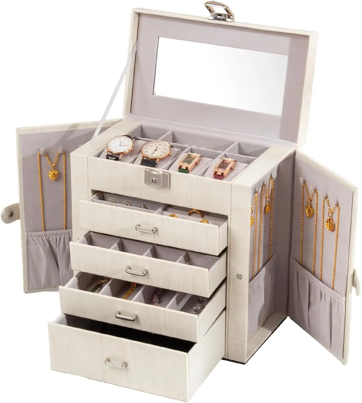 Large Jewelry Box,5-Tier PU Leather Jewelry Organizer with Lock,Multi-functional Storage Case with Mirror,Jewelry Organizer