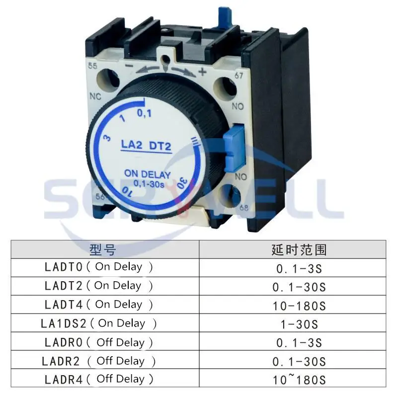 LA2 DT0 DT2 DT4 على تأخير الوقت تأخير 0.1-3S 0.1-30S 10-180S LA3 DR0 DR2 DR4 قبالة تأخير التتابع قواطع الاتصال المساعدة كتلة #2