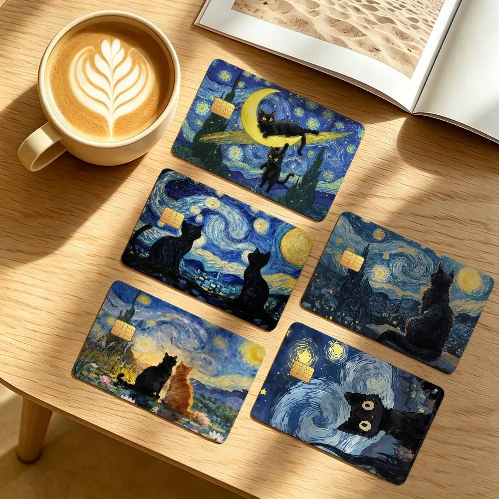 Black Cat Paint Credit Skin Cover Card Stickers 4PCS Film Bus Pass Front Decoration Bank Debit Waterproof