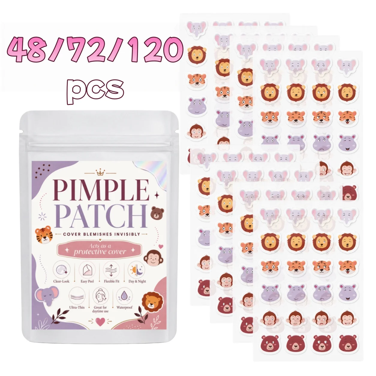 48/72/120pcs Animal-Inspired Character Pimple Patches, Mixed Expressions, Photo-Ready for Daily Styling and Travel